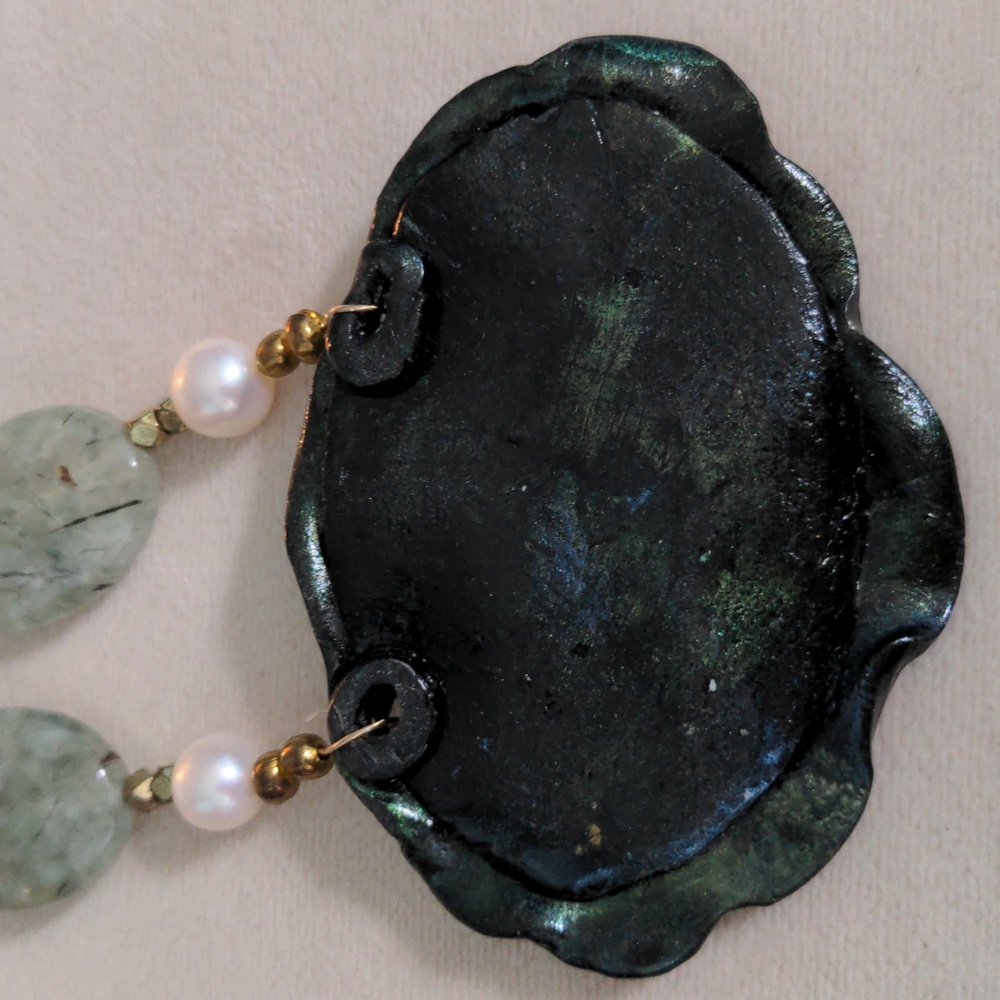 New Green & Gold Leaf Pendant Necklace, Handcrafted, Prenite Gemstones, Pearls - Picture 7 of 10